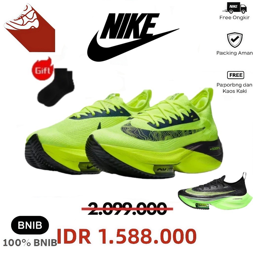 COD Nike Air Zoom Alphafly Next% 1 Sepatu Lari Maraton Profesional - Unisex Warna Hitam Hijau
