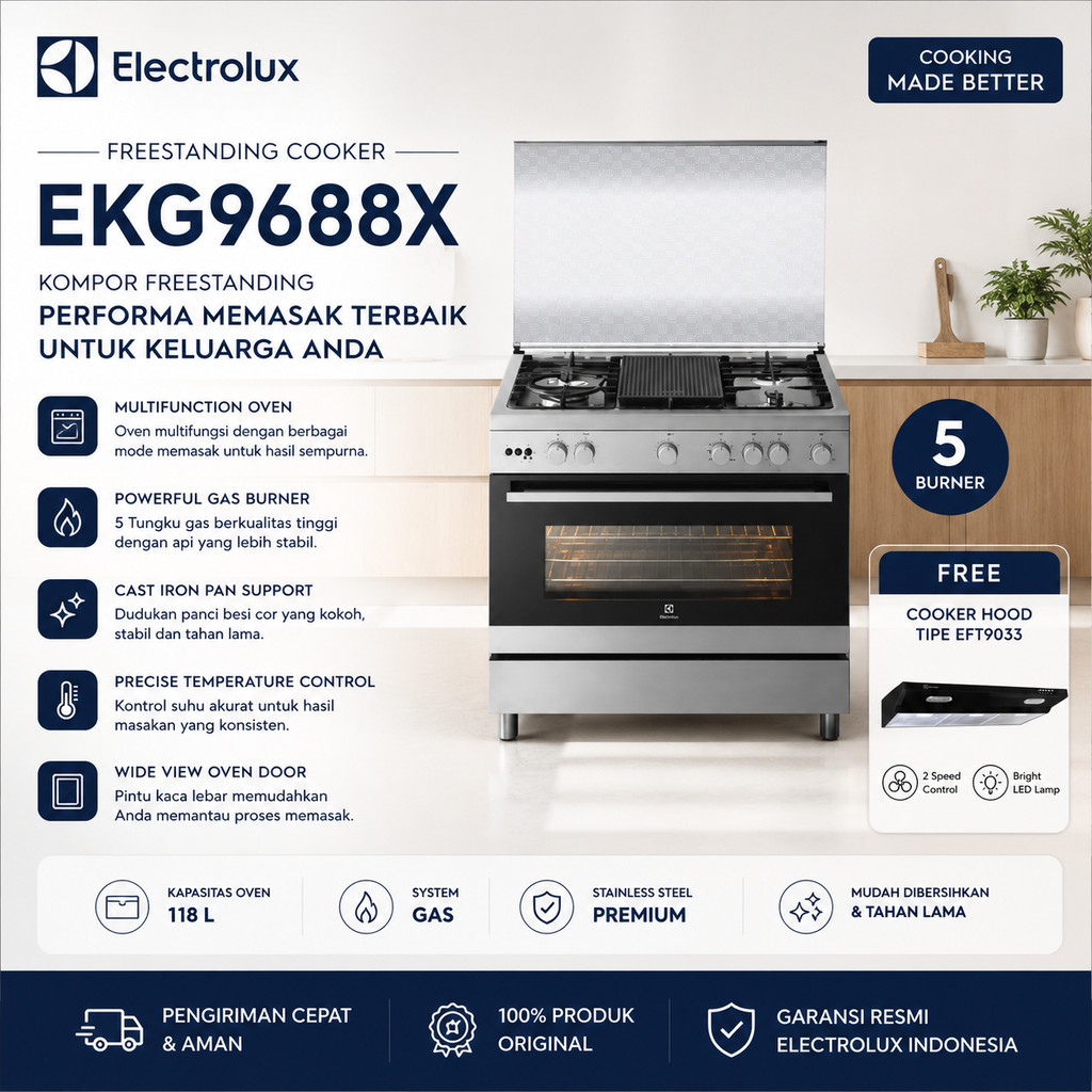Electrolux EKG9688X Kompor Freestanding Gas Oven 90cm Stainless Steel Original Garansi Resmi Kompor 