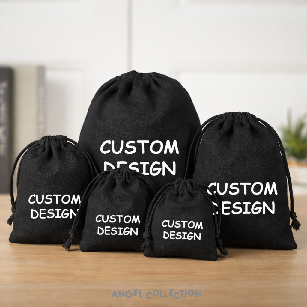 ENJEL POUCH SERUT KANVAS CUSTOM WARNA HITAM Berbagai Ukuran dan Tebal | Kantong Souvenir Organizer P