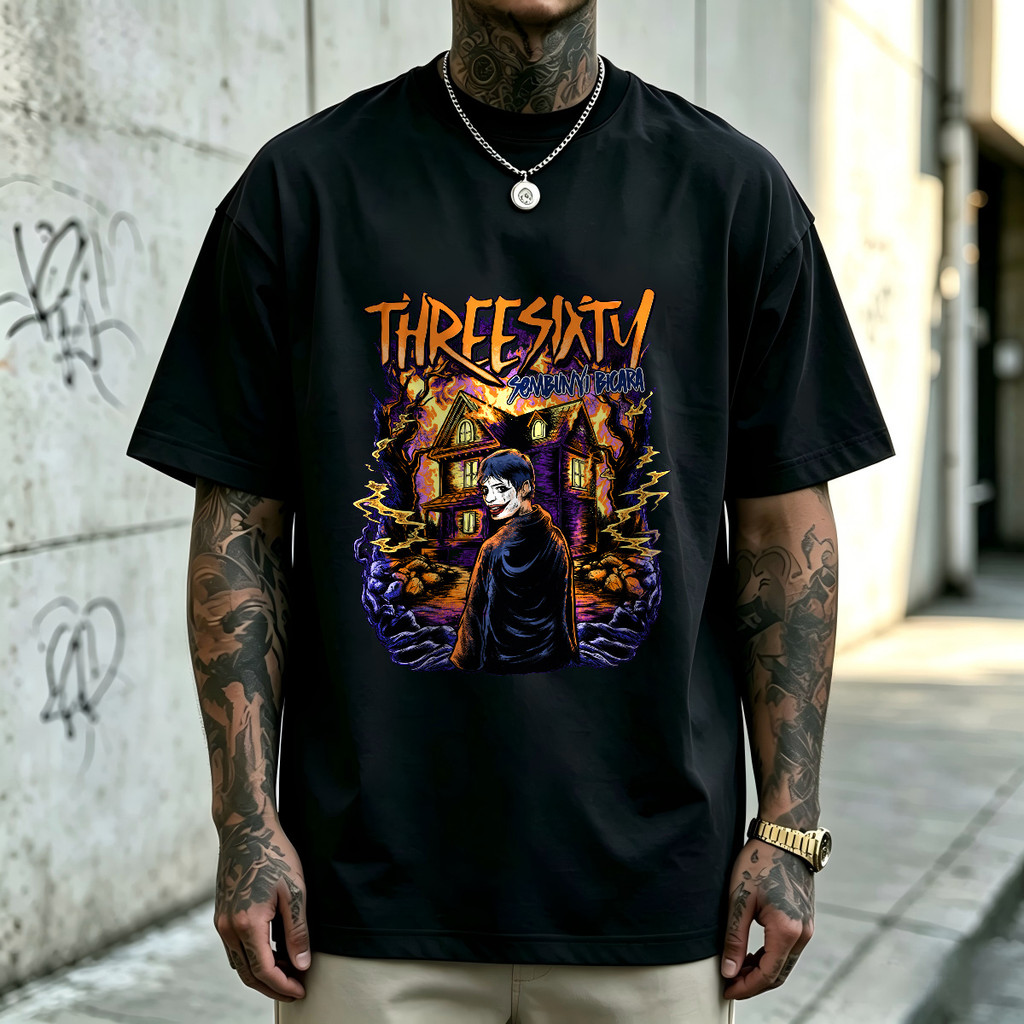 Kaos Pria Oversize Three Sixty Horror Rumah Angker, T-Shirt Vintage American Style, Kaos Band Merch 