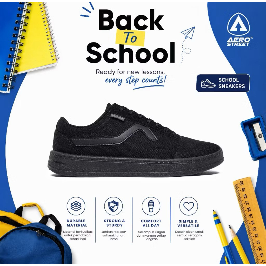 Aerostreet 37-44 Massive Low 2.0 All Black - Sepatu Sneakers Casual