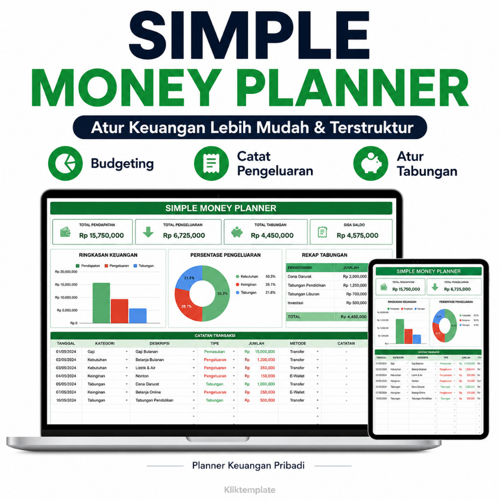 Simple Money Planner Excel - Planner Keuangan Pribadi, Budgeting & Catatan Pengeluaran