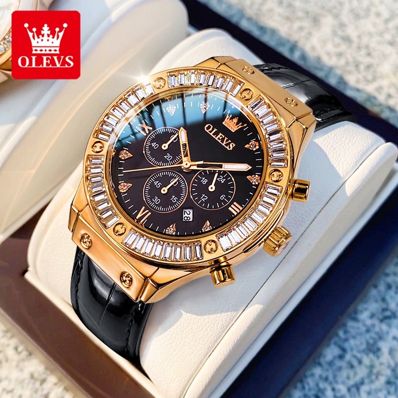 OLEVS Jam Tangan Wanita Anti Air Original Kulit Kalender Analog Terbaru 2025 Rose Gold Model 9978