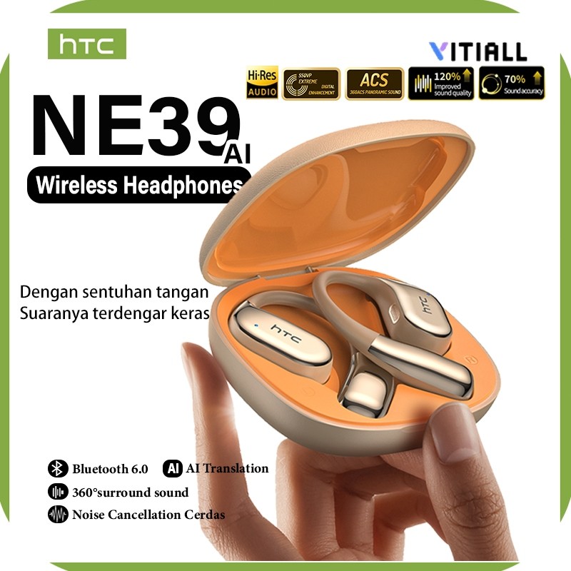 OTOMAX HTC NE39 Smart Headset Bluetooth Cerdas Headphone Bluetooth 6.0 AI Open-Ear, Peredam Kebising