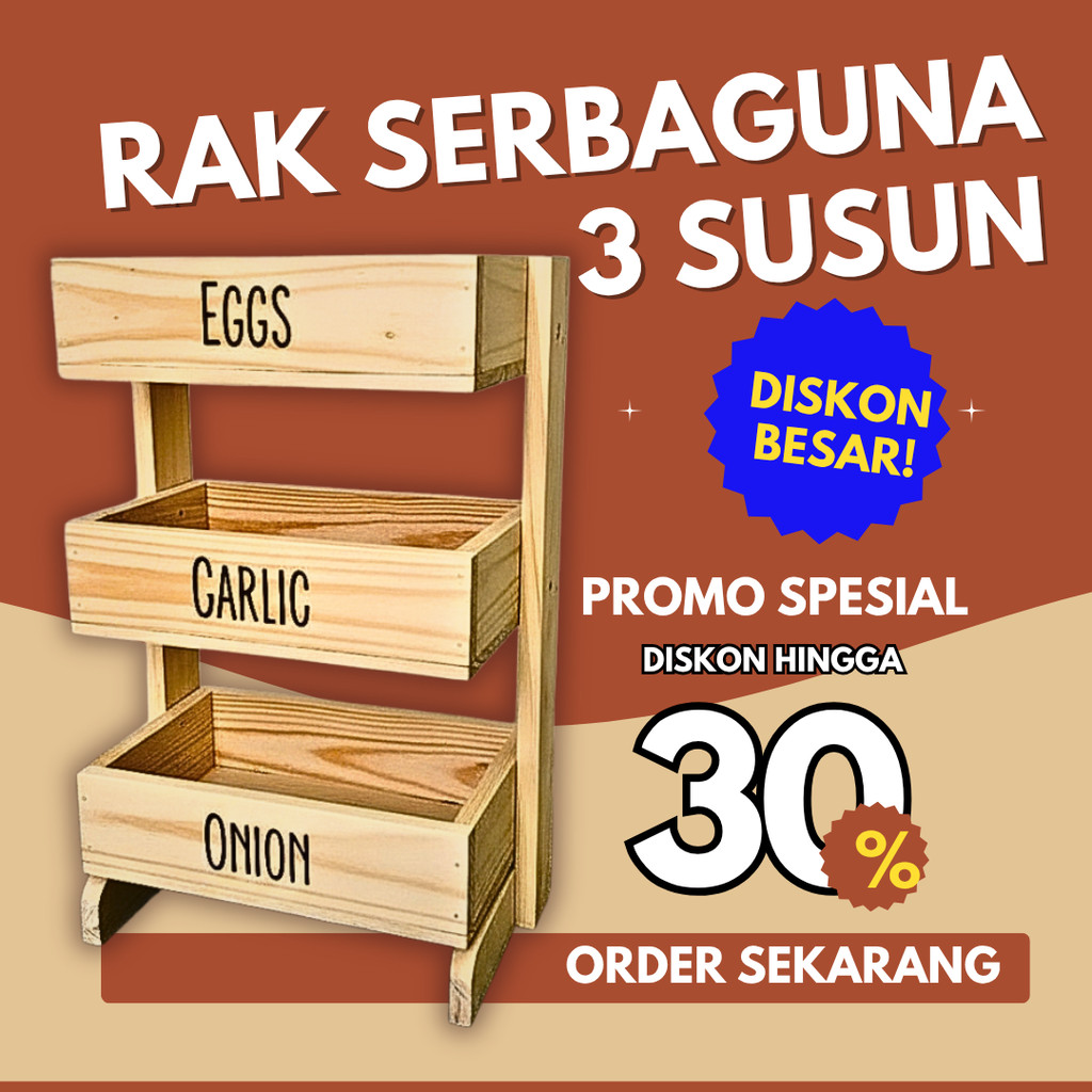Rak bawang kayu 3 susun / Rak dapur / Rak kosmetik/ Rak perkakas/ Rak bawang