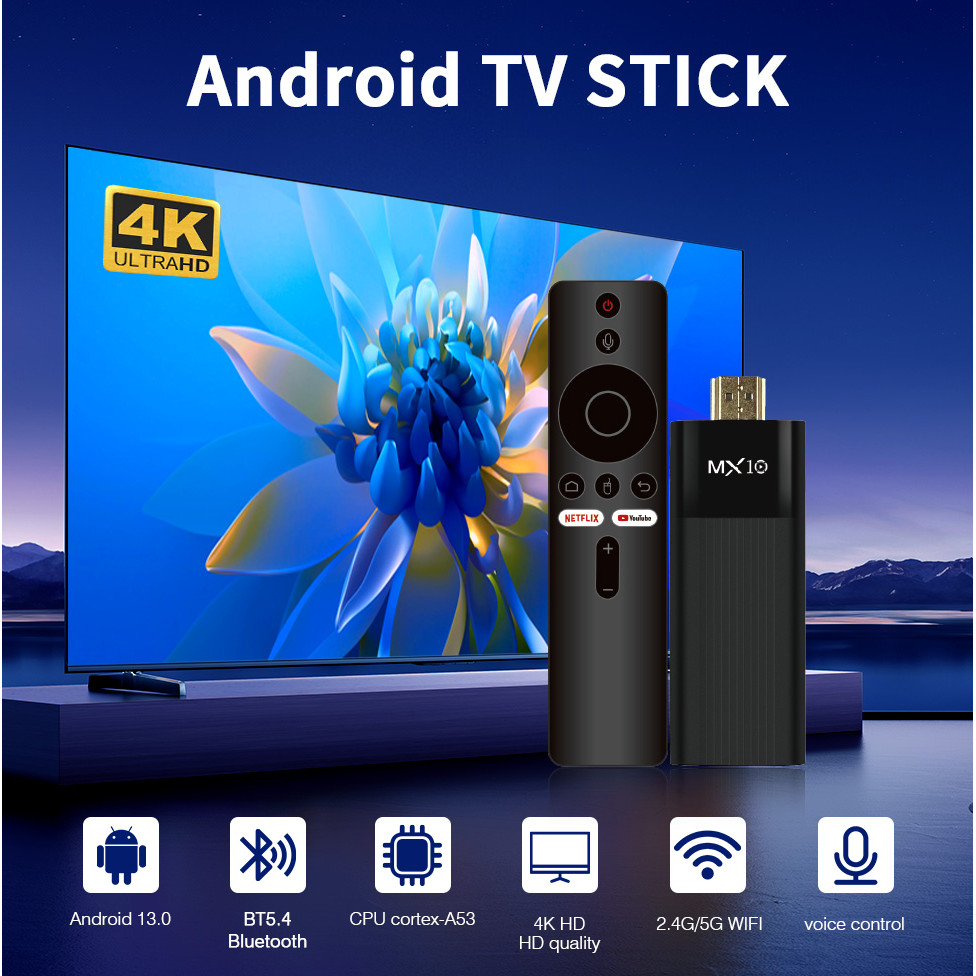 Stick TV 4K MX10 F3PRO Allwinner H313 Mali-G31 Android 13 OS TV Box Build in Wi-Fi6 2.4G+5G+BT5.4 TV