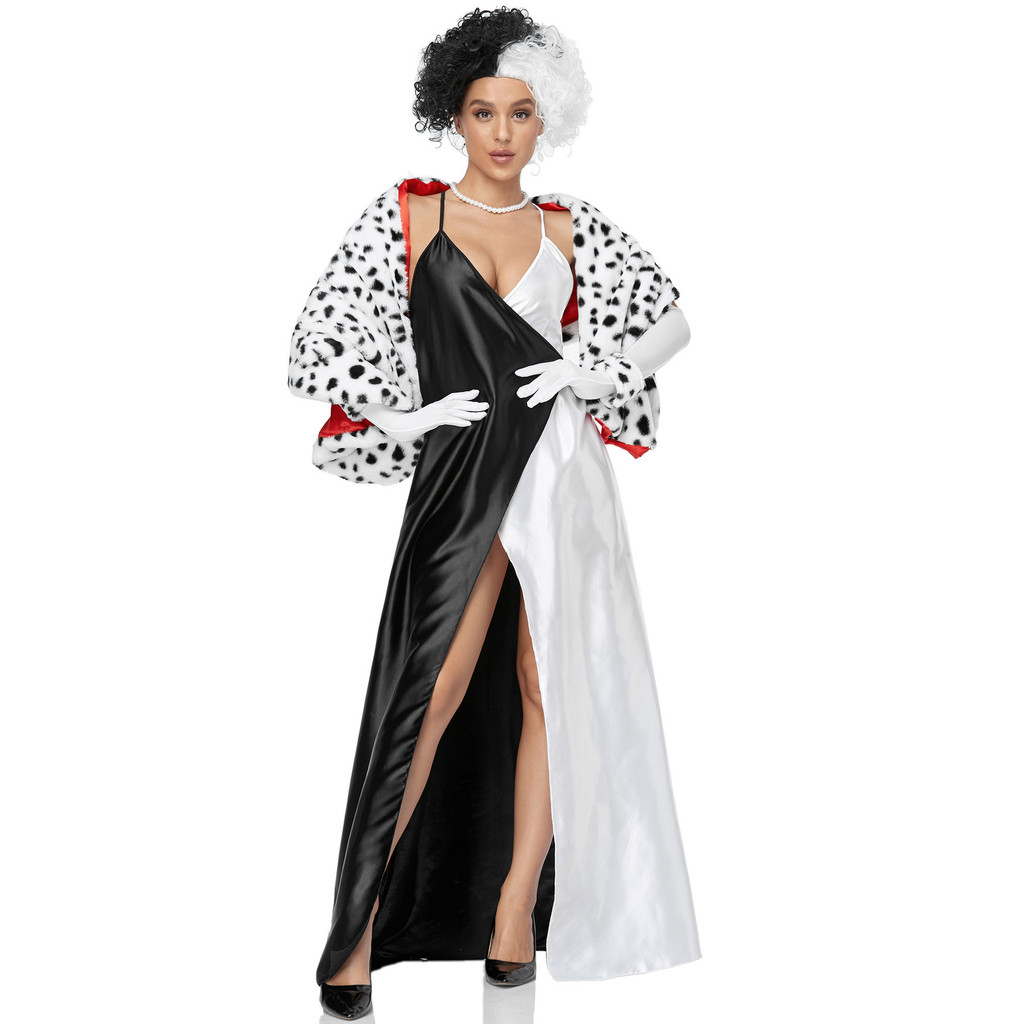 Cruella 101 Dalmatians Cosplay Costume for Women Role Play Cruella Deville y Dress Plush Cape Suit H