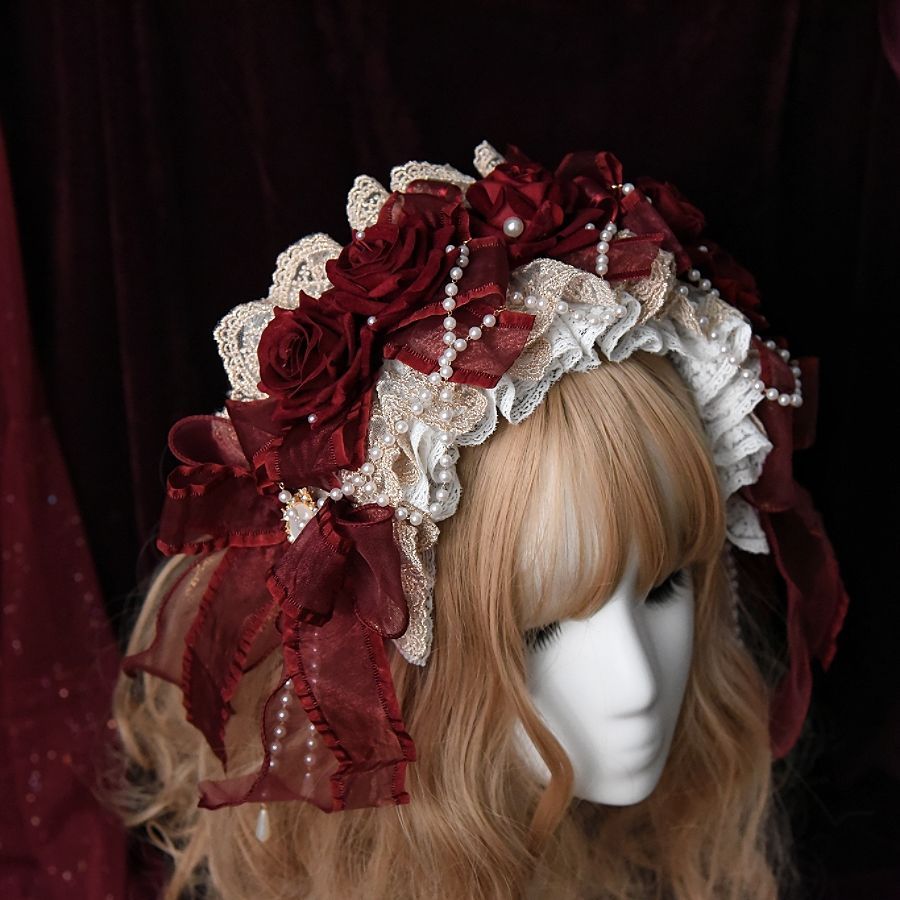 Lovely Sweet Wine Red Rose Flower Hair Hoop Anime Maid Cosplay Headband Lolita Lace Flower Headwear 
