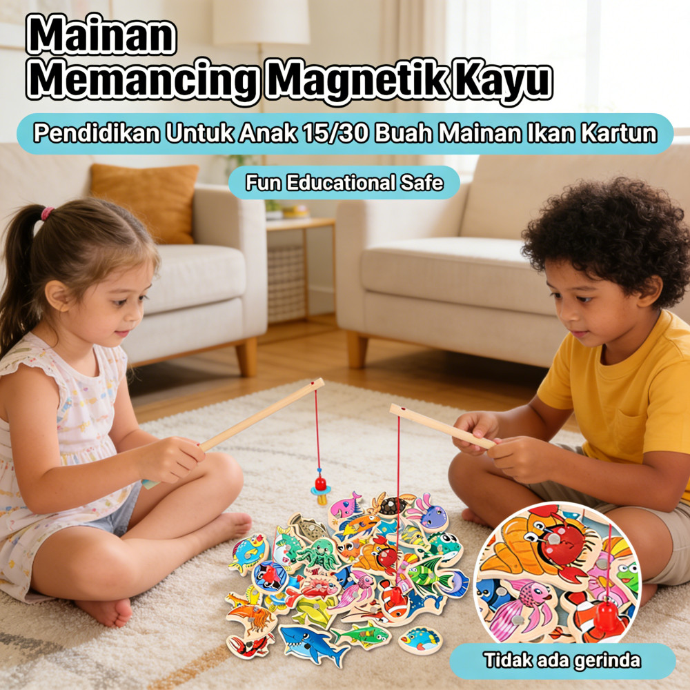 Pendidikan Anak 15/30 Buah Mainan Ikan Kayu Magnetik Kartun