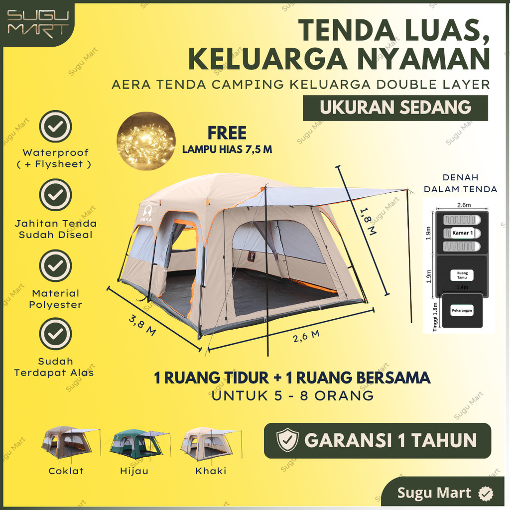 [ GARANSI 1 TAHUN ]  Tenda Camping Keluarga 5 - 8 Orang Double Layer Waterproof Anti UV | Tenda Camp