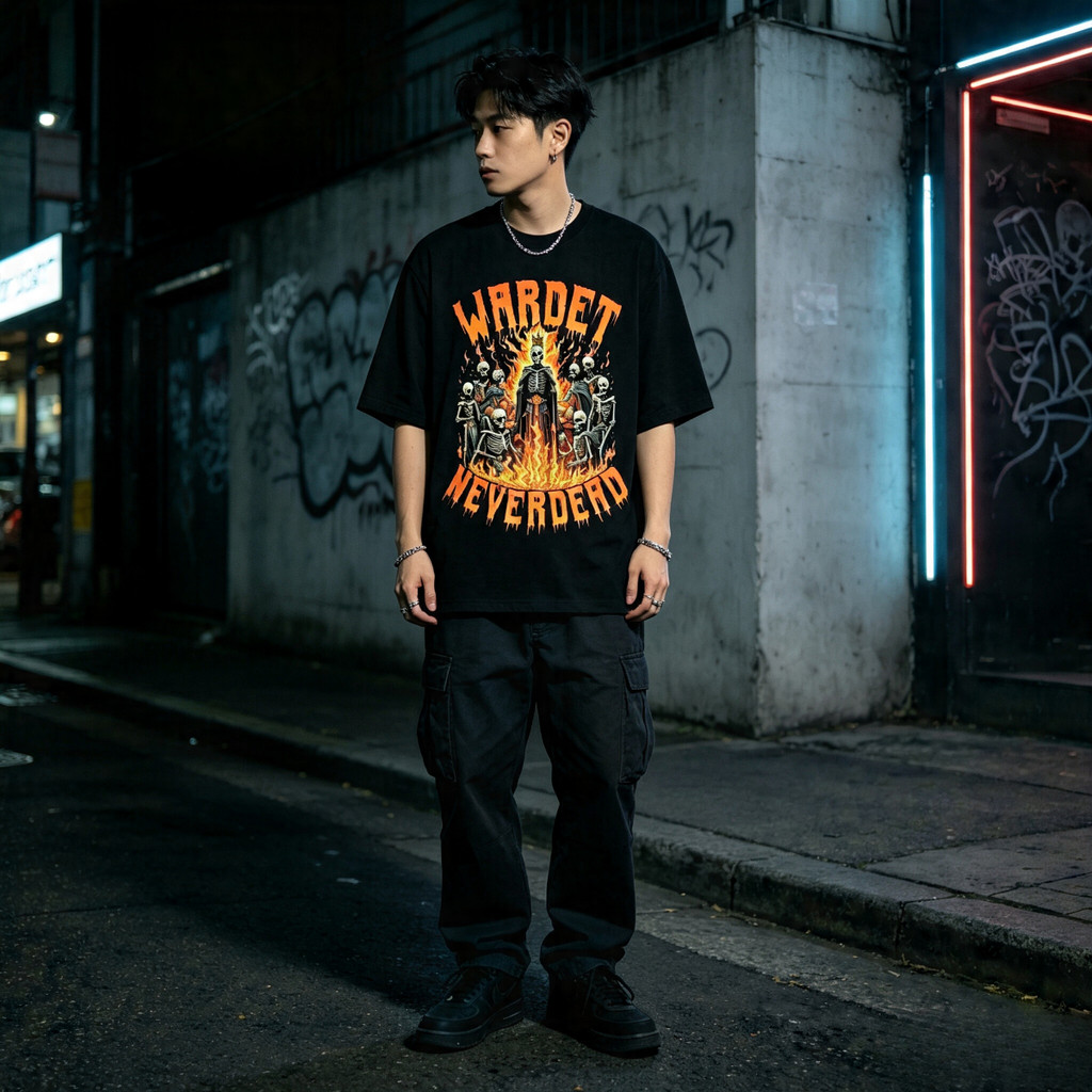 Kaos Oversize Premium Cotton Motif Neverdead Skeleton King Flame Vintage Hardcore Distro Harian Wear