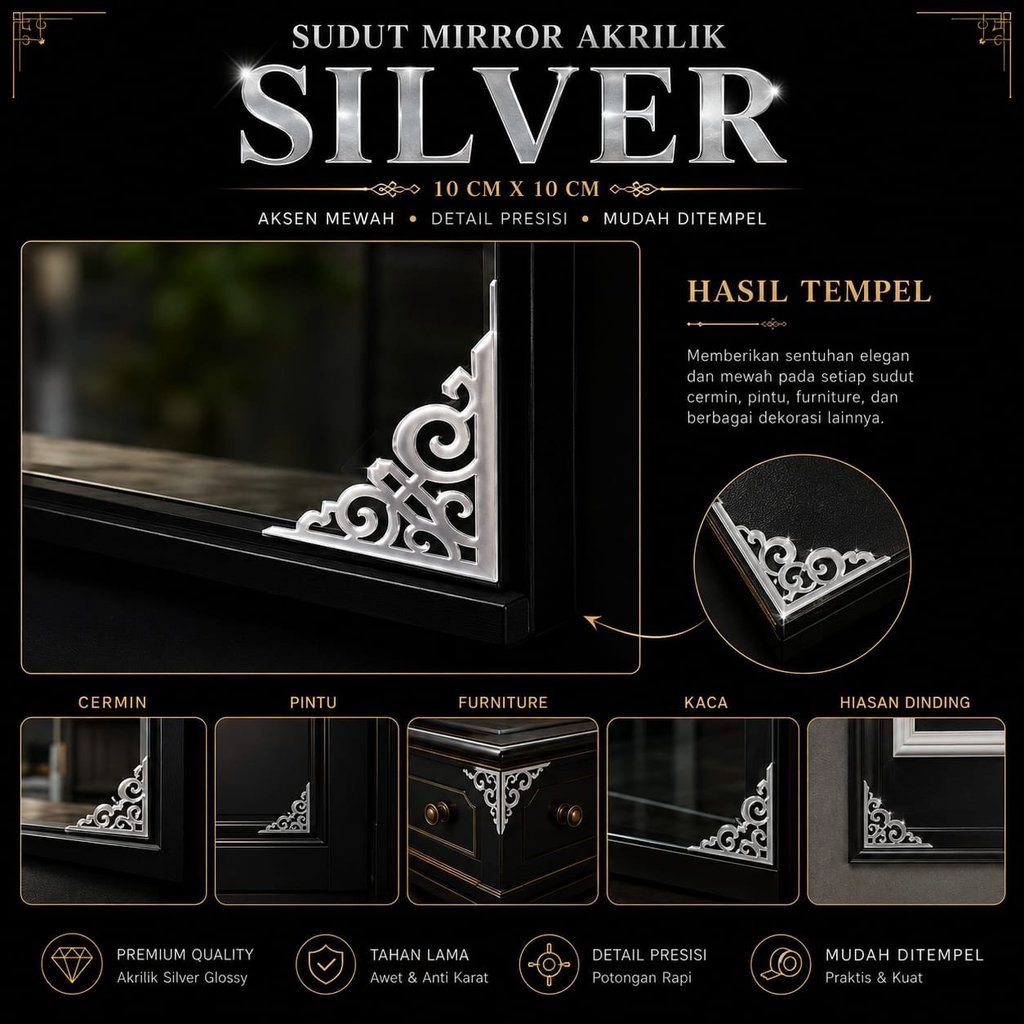 VIP List Akrilik Mirror Silver Wall Sticker Dekorasi Sudut Siku Corner Lemari Dekor List Moulding Ka