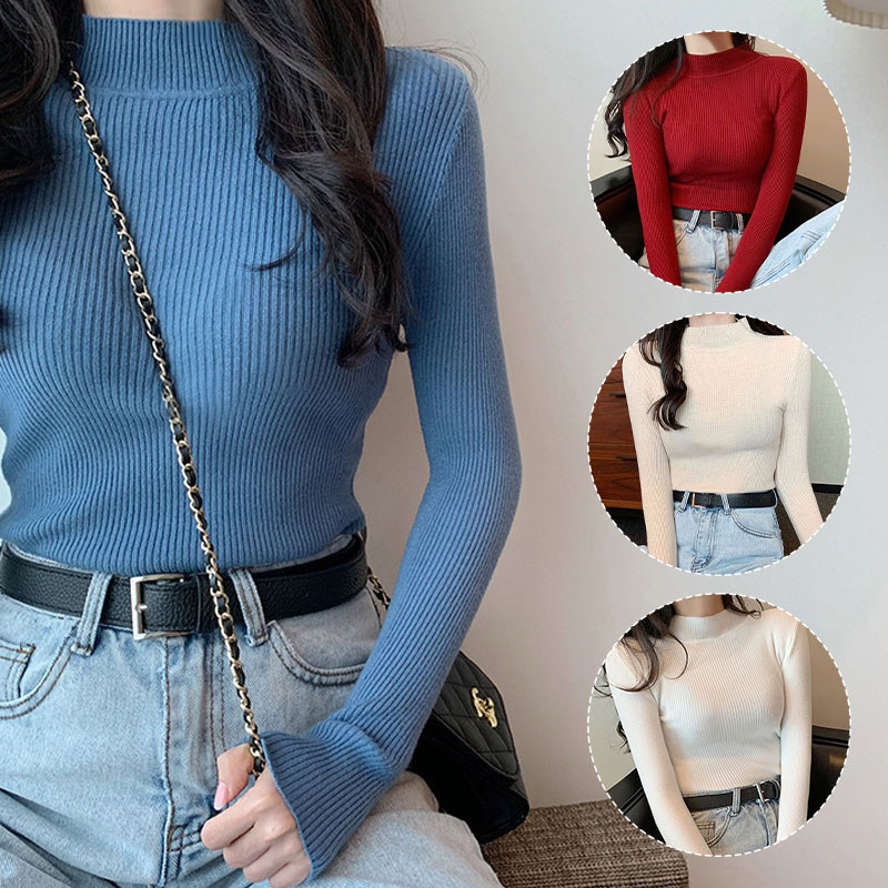 Sweater Wanita Lengan Panjang Leher Sedang Pas Badan Model Slim-fitting Atasan Setengah Turtleneck P
