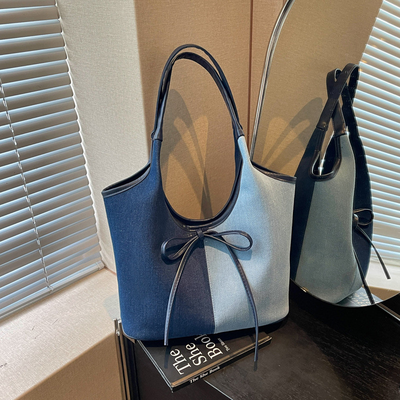 Bow-tie patchwork color-block denim bag, new underarm shoulder bag