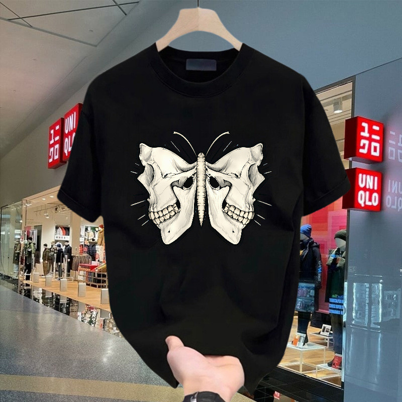 Kaos Metal Motif Kupu-Kupu Tengkorak Gothic, Lengan Pendek Tshirt Katun Dengan Potongan Oversize Uni