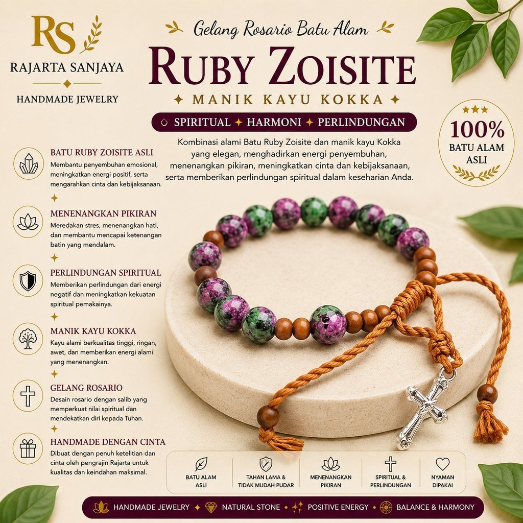RJ Handmade Gelang Rosario Batu Ruby Zoisite Manik Kayu Kokka