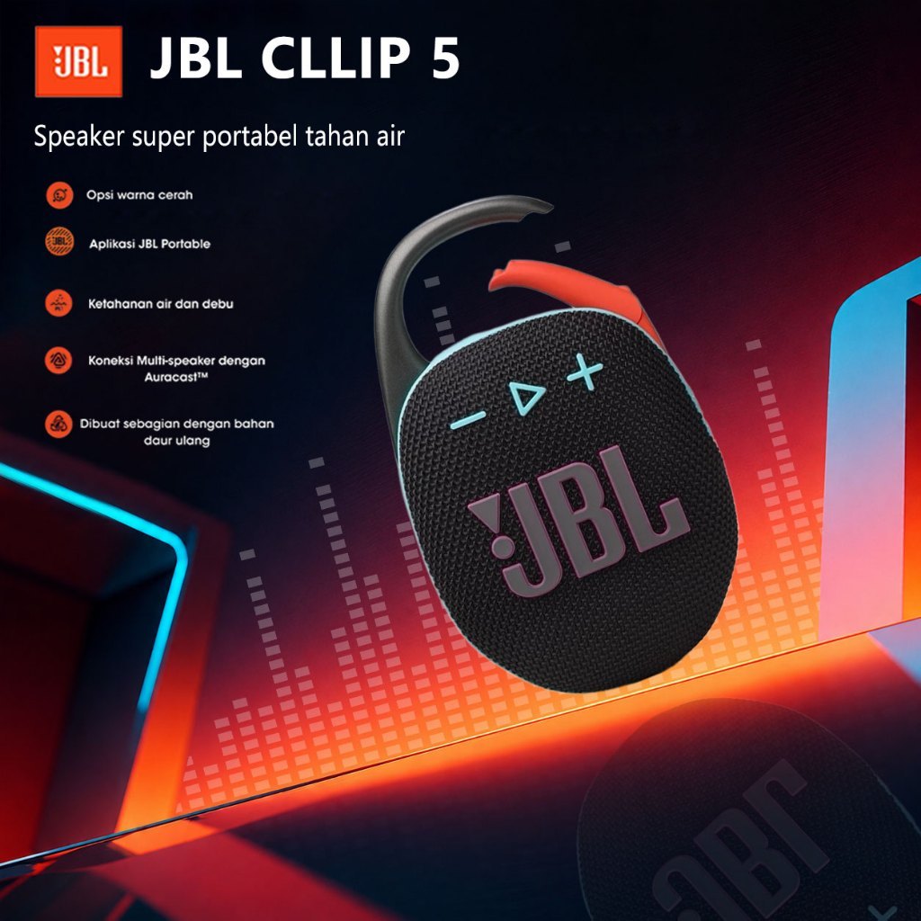 JBL Clip 5 Speaker Bluetooth Mini Portabel Gantung Audio Luar Ruangan Tahan Air Debu IPX7 Suara Jern