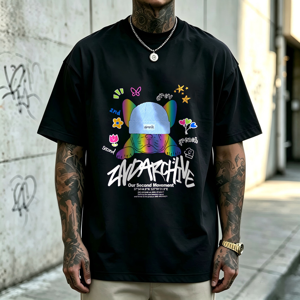 Kaos Pria Bulldog Beanie Graffiti 2nd Archive T-Shirt Oversize Streetwear Vintage American Style, De