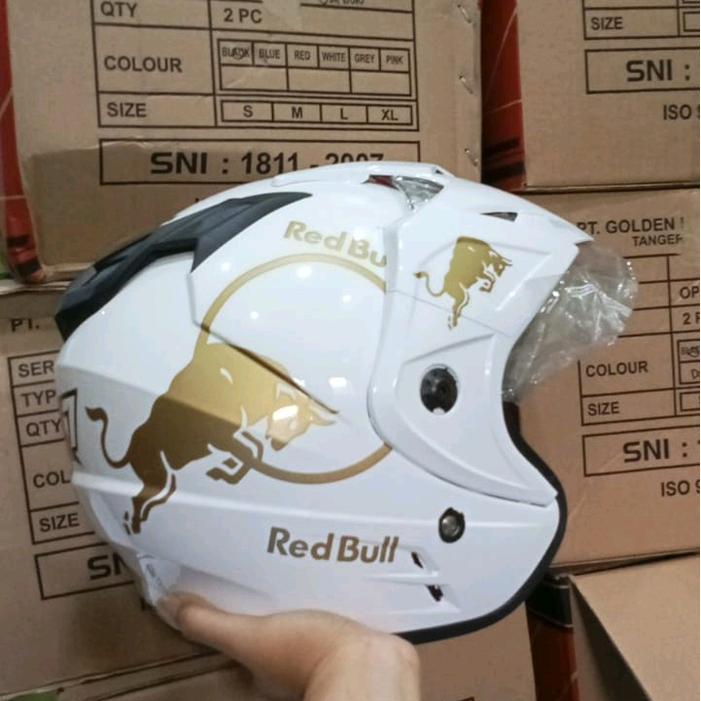 ES Red Bull Helm JP 7 2 Visor Sky Murah Meriah SNI Kualitas Premium Dengan Busa Lepas Pasang Desain 
