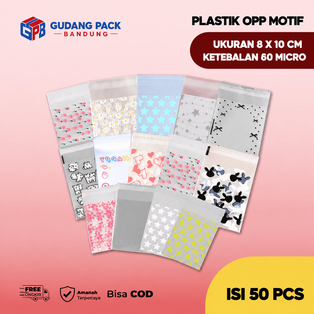( 50 Pcs ) Plastik OPP Packing Motif | Plastik Packing Bening Sleeve Cover | Plastik Packing Lucu Pl