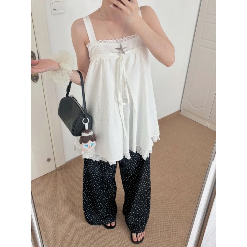 MYCASSI Atasan Wanita Tanktop Tali Lebar Renda Longgar Gaya Korea Blouse Babydoll