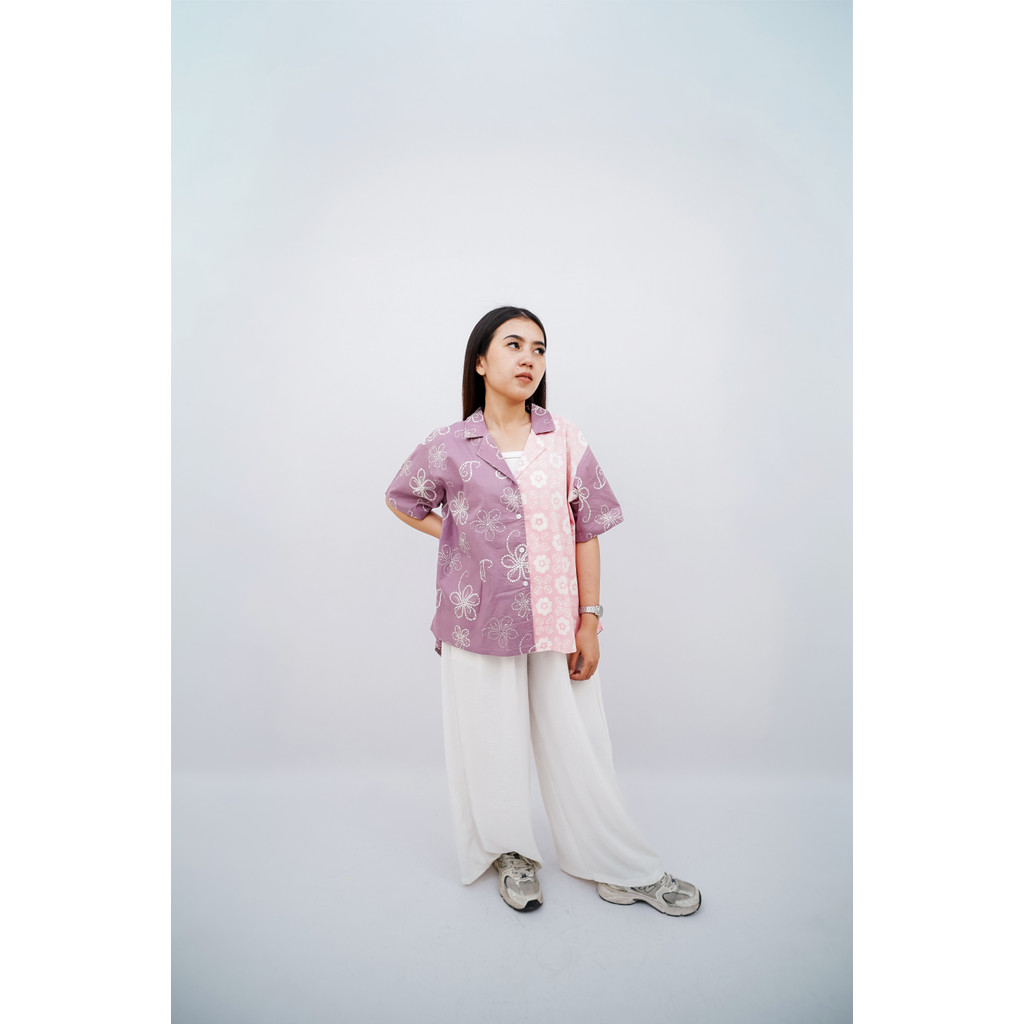 Batik ENOM - Naya / Batik ENOM Naya Kemeja Batik Wanita Modern Motif Kombinasi Ungu Pink Casual