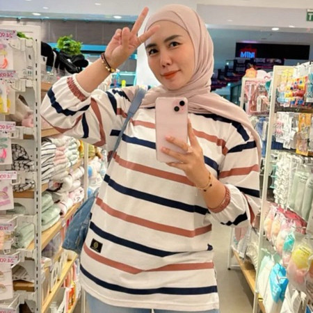 ID- FST  Kaos Oversize Wanita Garis Katun Premium Lengan 7/8 Jumbo T-Shirt Oversize Stripe Belang - 
