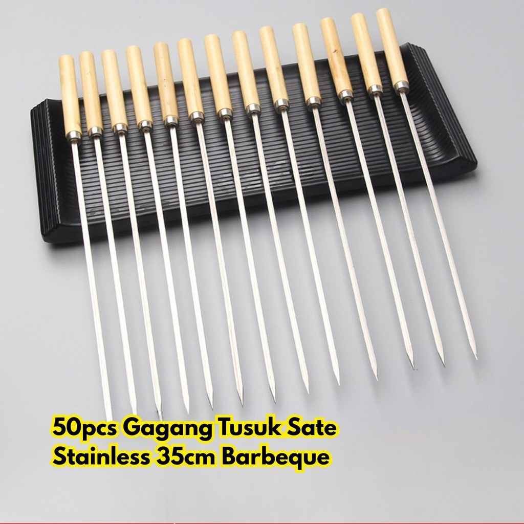 50pcs Gagang Tusuk Cooking Stainless Barbeque BR212 Tools Reusable Sate 35cm