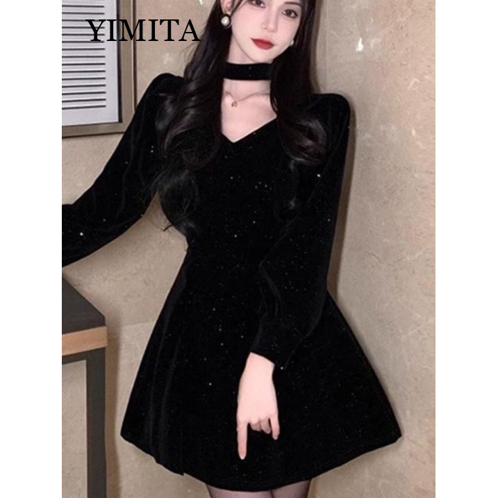 YIMITA black wanita dress elegan simple evening dress party night club mini dress lengan panjang hal