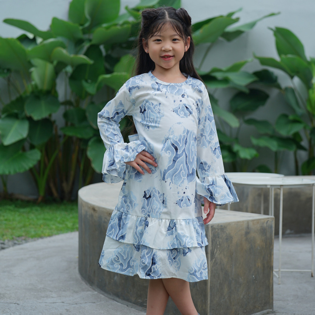 BATIK TRUSMI Dress Gamis Batik Anak Perempuan Motif Mega Mendung Bumi Biru
