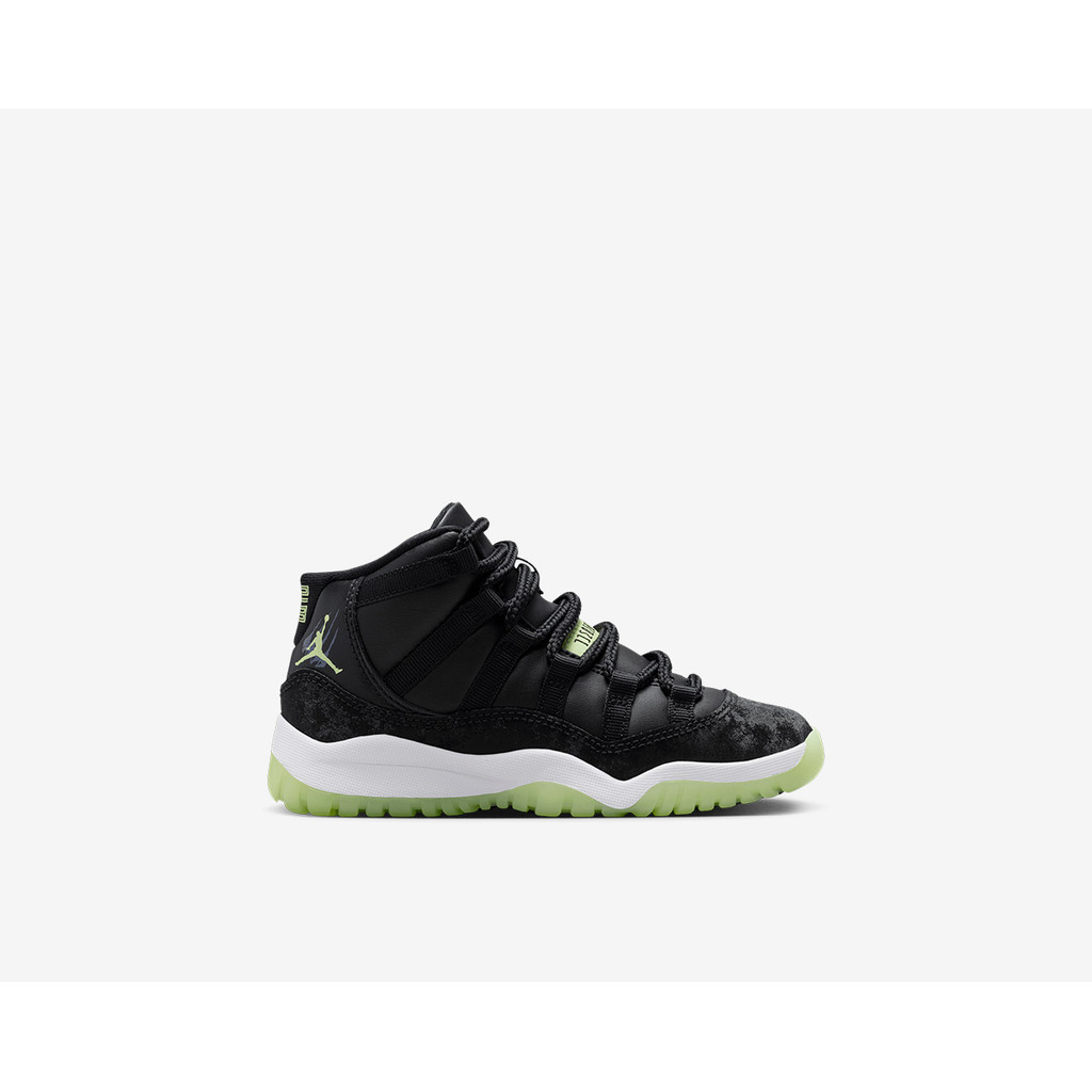 Sepatu Basket Anak Nike Jordan 11 Retro Black Barely Volt Preschool (PS) IB1379-001