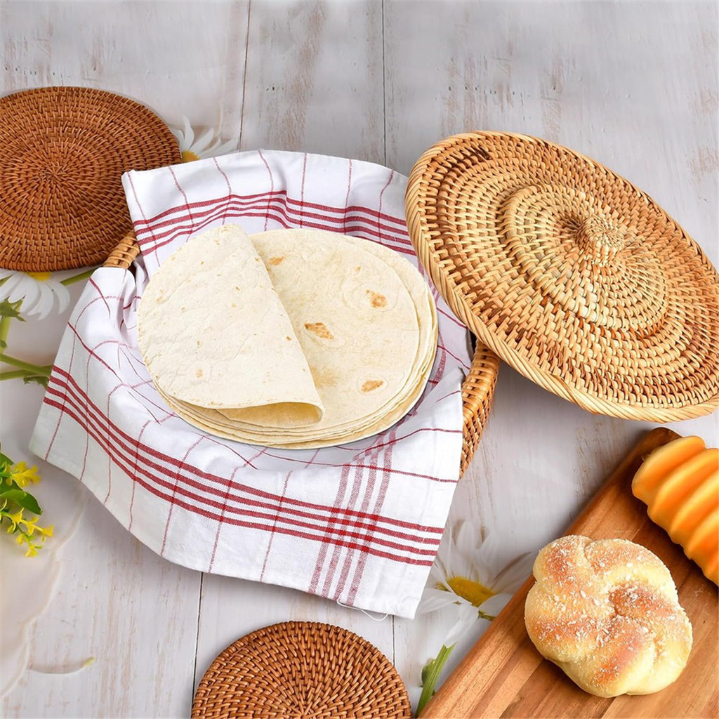 JAS-Round Rattan Boxes with Lid Hand-Woven Multi-Purpose Wicker Tray 10.2Inch Picnic Food Bread Tabl