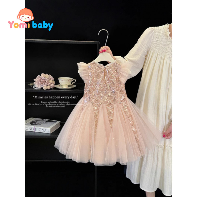 Yomi baby Gaun Putri Duyung Payet Baru Untuk Anak Perempuan Kecil Warna Champagne Dengan Kerudung Da
