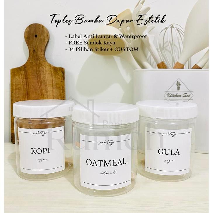 Toples Bumbu Dapur Estetik Tutup Putih 1000 ml - FREE Stiker & Sendok Kayu Garam - TOPLES BUMBU TUTU