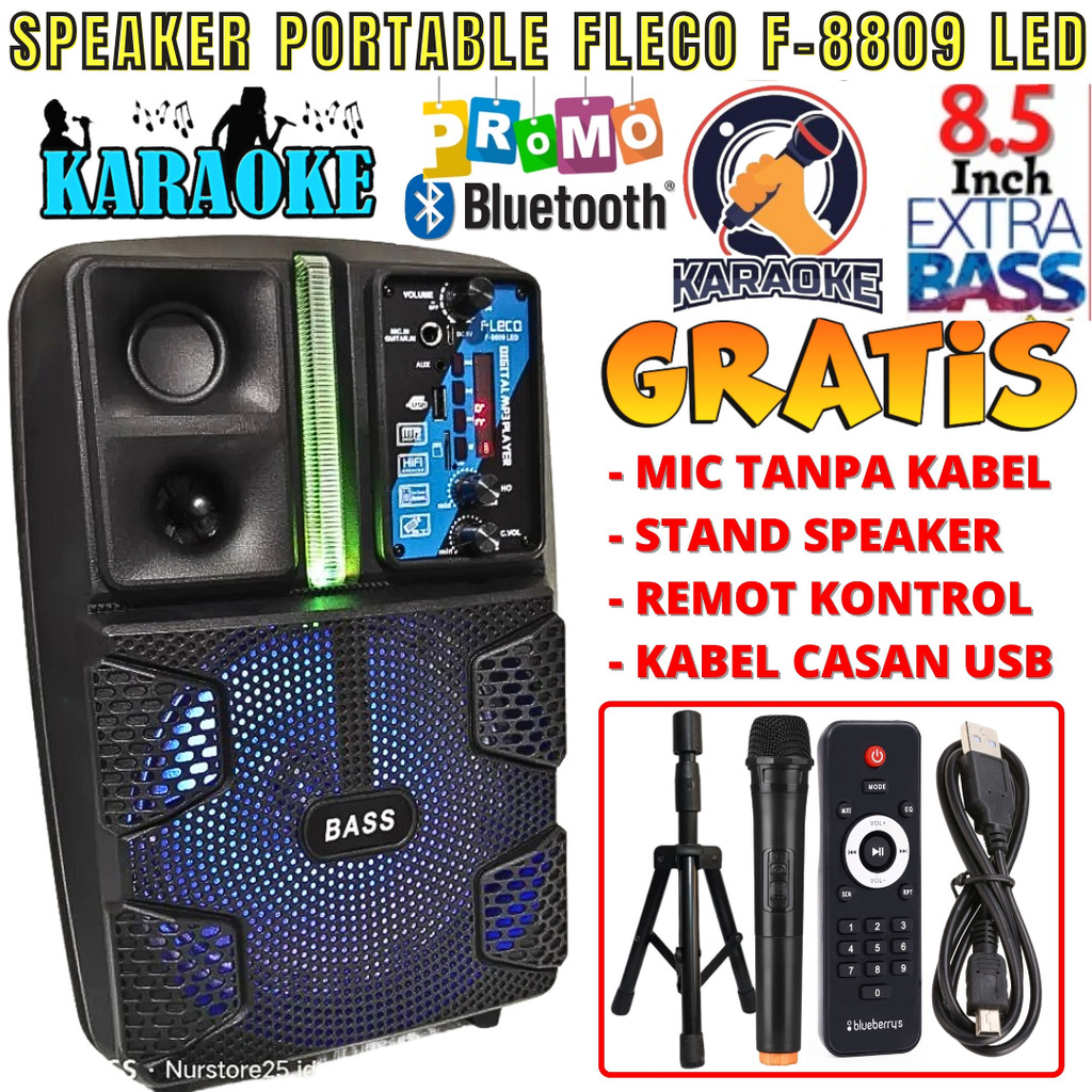 UKURAN BESAR Termurah Speaker Bluetooth Fleco F 8809 Led 8'5 Inch Free Mic Wireless Karaoke + Remote