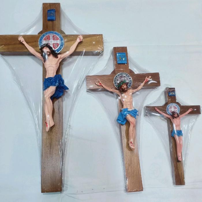 salib dingding corpus benedictus 20-40cm kristen katolik Kayu Dinding - Biru, 30cm