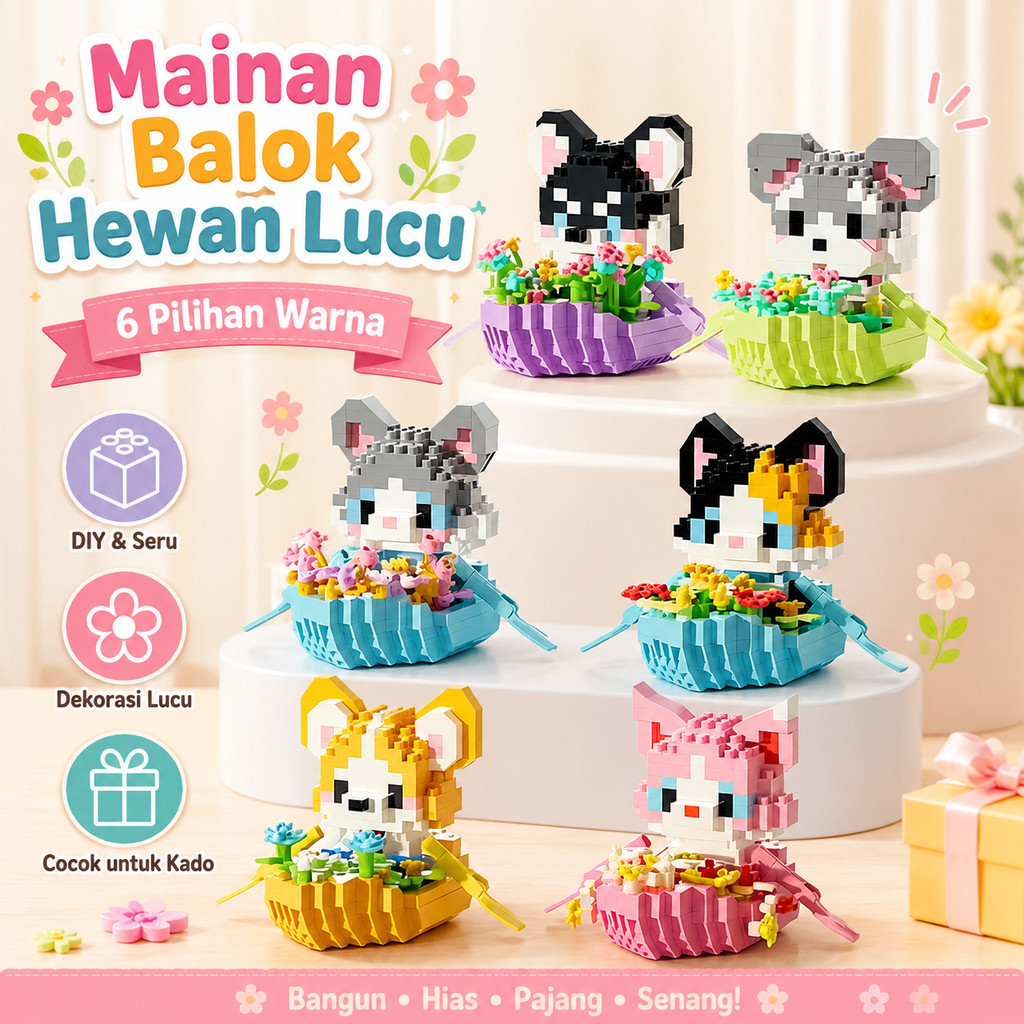 KITTY TOY Miniatur Pot Bunga Kucing Mainan Balok DIY Rakitan Building Blocks Kreatif Dekorasi Meja K