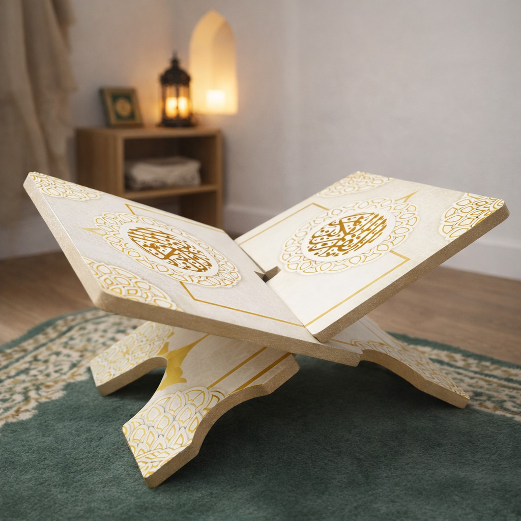 Meja Kayu Alquran Lipat Putih Rekal Alquran Hitam Meja Baca Al'quran Hitam Ukiran Gold