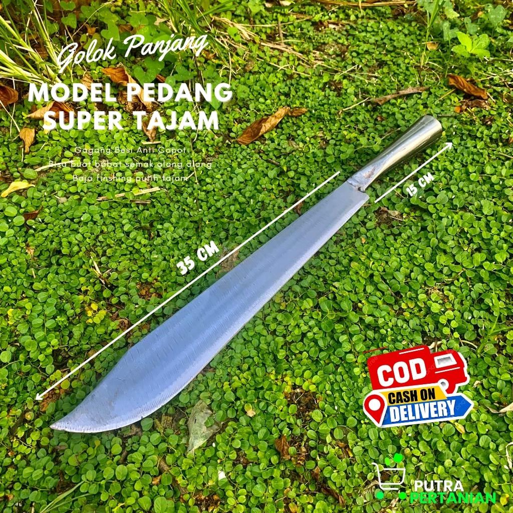 Golok Panjang Gagang Besi Asli Baja Putih Finshing Tajam - Pisau Sembelih Hewan - Golok Pedang Serba