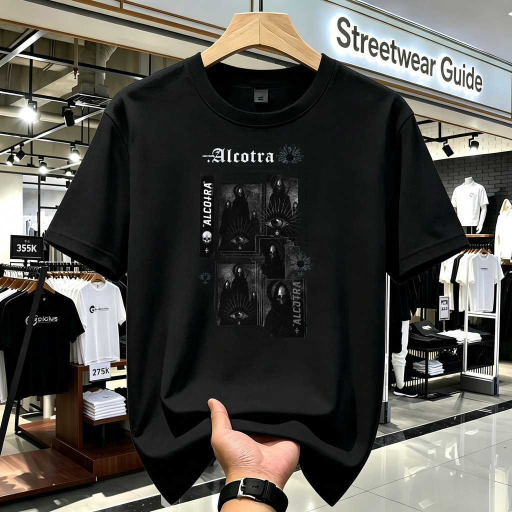 Kaos Distro Hitam Unisex AlcoTra x Mayhem Motif Gothic Grim Occult Metal Streetwear