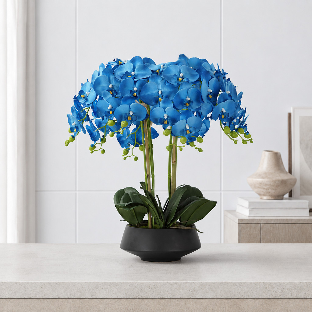 BIRU 3D Anggrek 105cm Latex Premium Tebal 9 Kuntum Sentuhan Nyata Hiasan Palsu Plastik