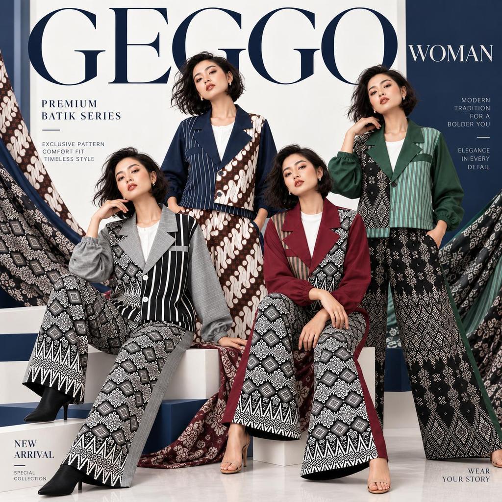 GEGGO - WENDA Oneset Kulot Atasan Crop Blazer Wanita Katun Mix Batik Casual Formal Non Formal