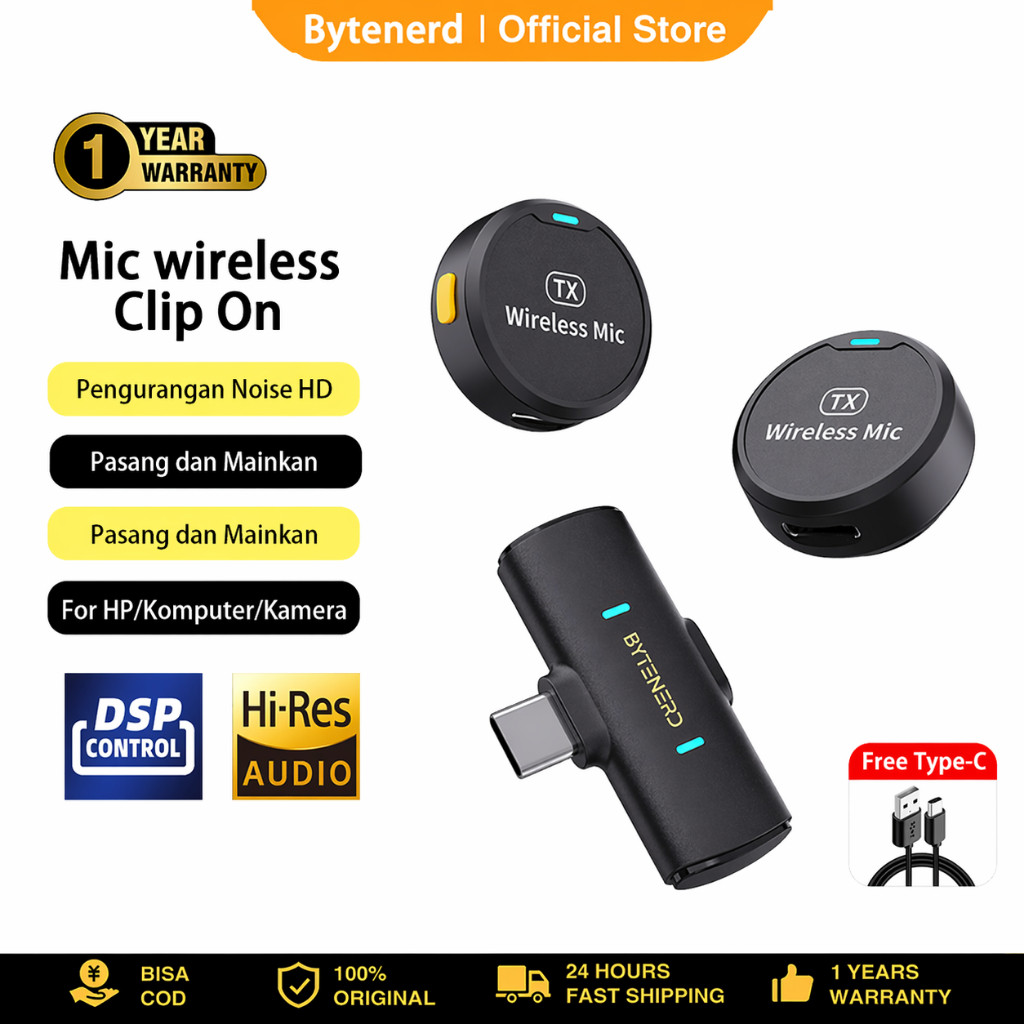 Bytenerd Wireless Microphone Clip On Mic Portable Microphone Mikrofon Lavalier Untuk TikTok YouTube 