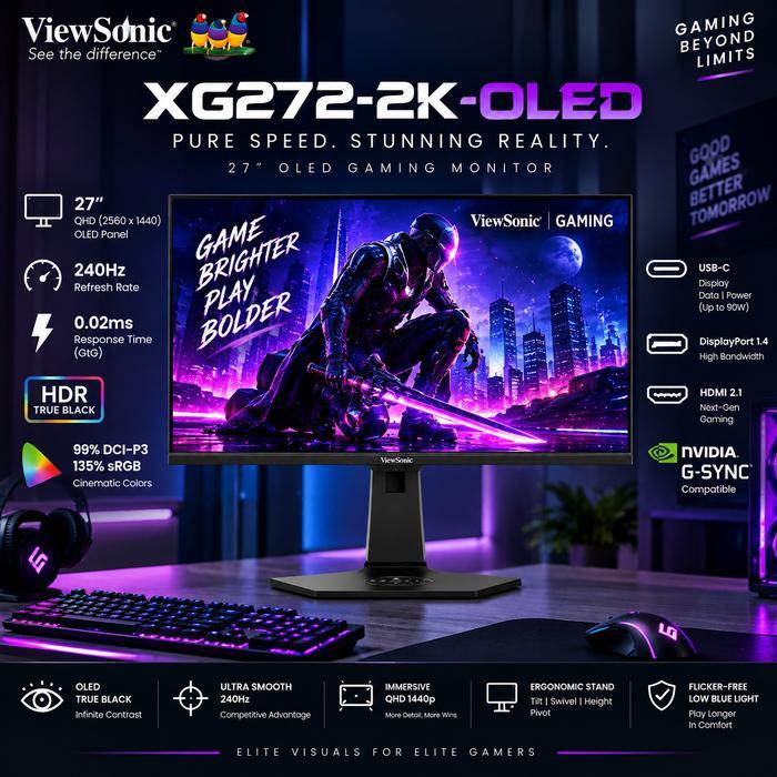 Monitor ViewSonic XG272-2K-OLED  PC Gaming 27 Inch OLED 2K QHD 1440p 240Hz 0.02ms USB-C G-Sync