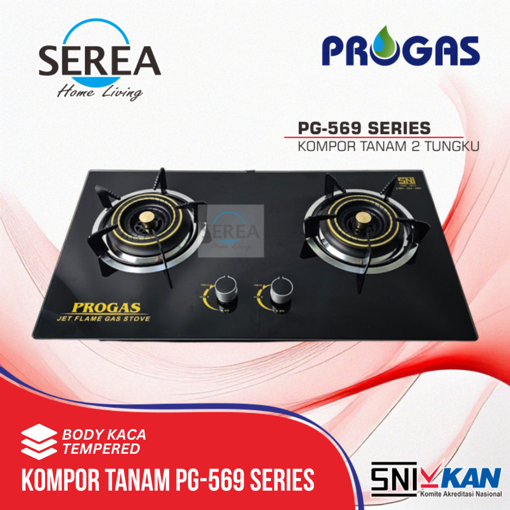 PROGAS Kompor Gas Tanam 2 Tungku PG-569 Kaca Hitam, Bunga Merah SNI Garansi 1 Tahun Api Biru Besar