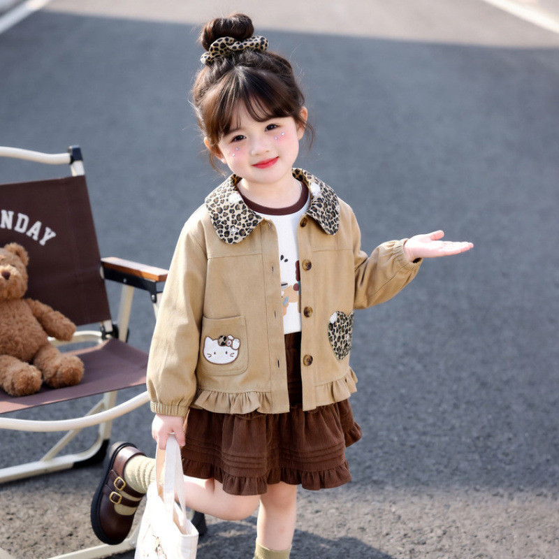 Jaket anak perempuan model Korea, kerah lipat, motif macan tutul, atasan jaket