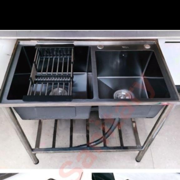 bak cuci piring 2 lubang hitam kitchen sink stainless black wastafel - Sink + kaki