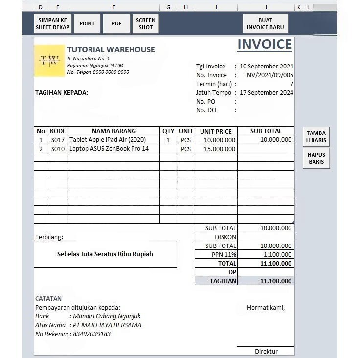 Template Excel Invoice Otomatis Simpan ke Arsip, Cetak PDF, Cetak ke Printer