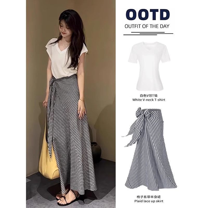 Kotak-kotak Hitam Putih Panjang Pinggang Tinggi Tali A-line Rok Panjang Tidak Beraturan Pakaian
