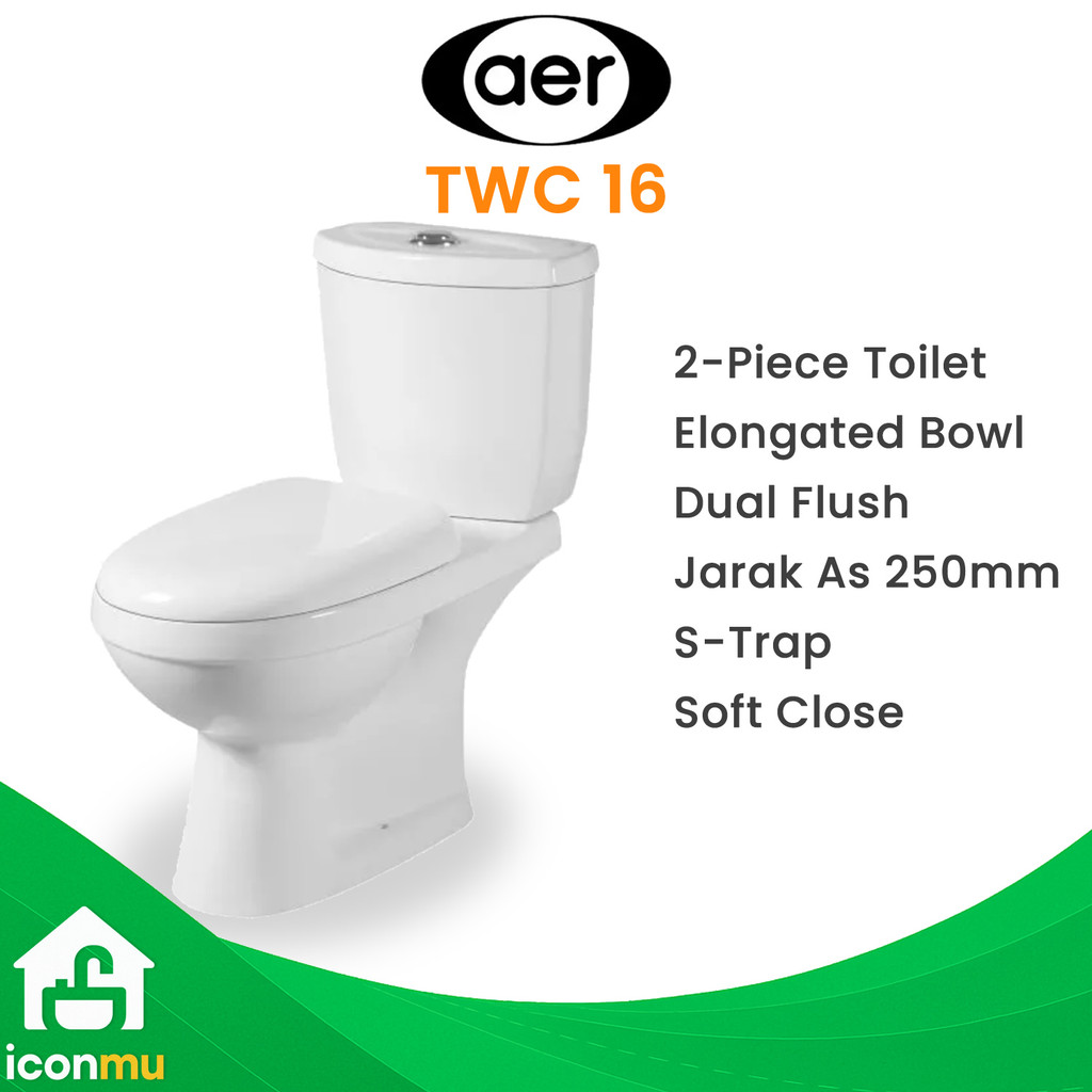 AER Kloset Duduk TWC16 Dual Flush Soft Close As 25 Tabung Keramik Putih TWC 16 2 Piece Toilet Closet
